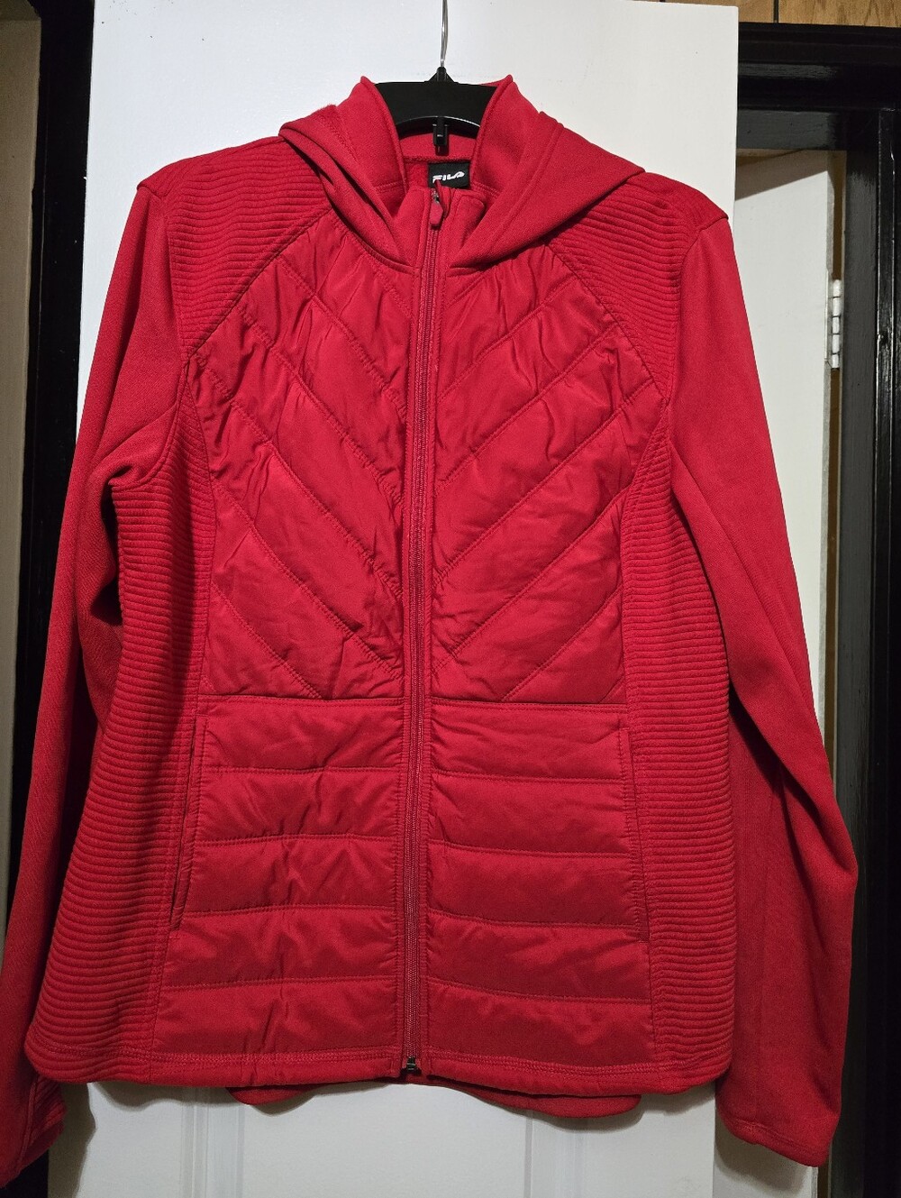 Fila Women's Red Quilted Full Zip-Up Hooded Lightweight Puffer Jacket - Size XL